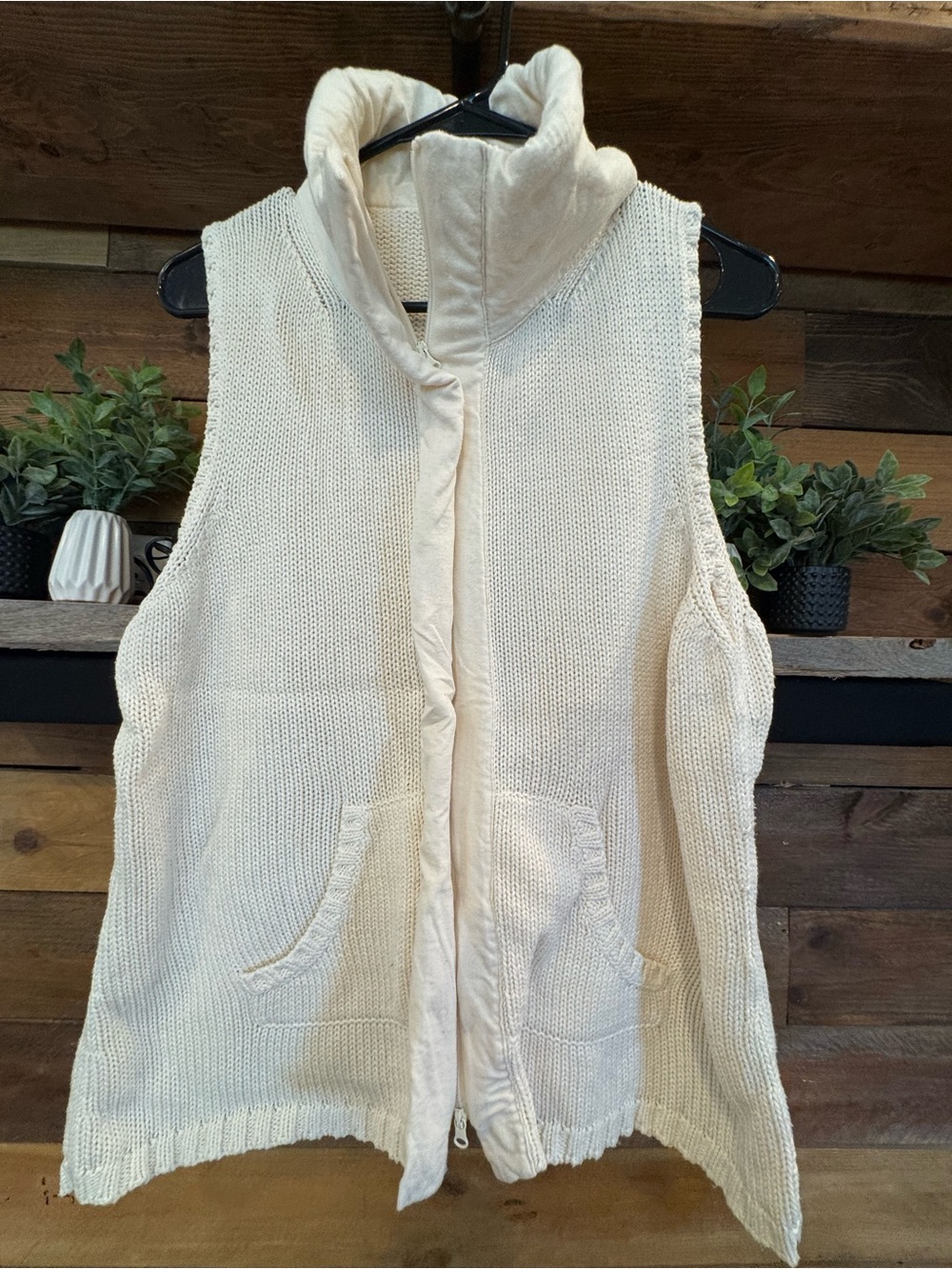 Eileen Fisher Cream Knit Sleeveless Zip Front Sweater Vest
